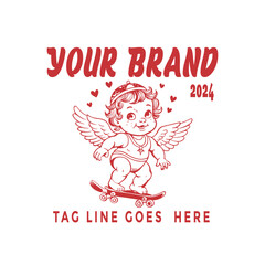 hand drawn illustration of baby cupid angle with skateboard or weapon or skate retro vintage style