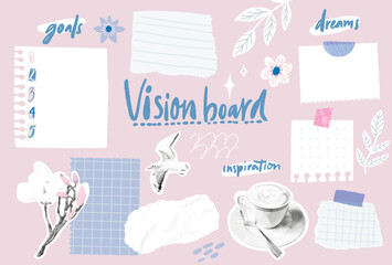 Vision board collage template, dreams and goals inspirational notes, taped to wall with decorative skotch. Halftone cutout magazine photos of coffee, dird and magnolia flower