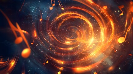 Glowing music notes forming an abstract 3D spiral, radiating light and movement. The swirling pattern of notes gives a sense of rhythm and energy, blending dynamic visuals with a captivating, 