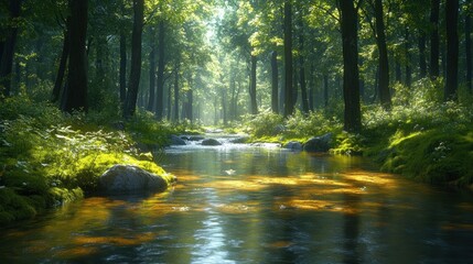 Fototapeta premium Serene forest scene with a tranquil stream and lush greenery.