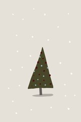  A minimalist illustration of a triangular-shaped Christmas tree adorned with burgundy and blue baubles. The light beige background and muted color palette create a festive winter atmosphere.