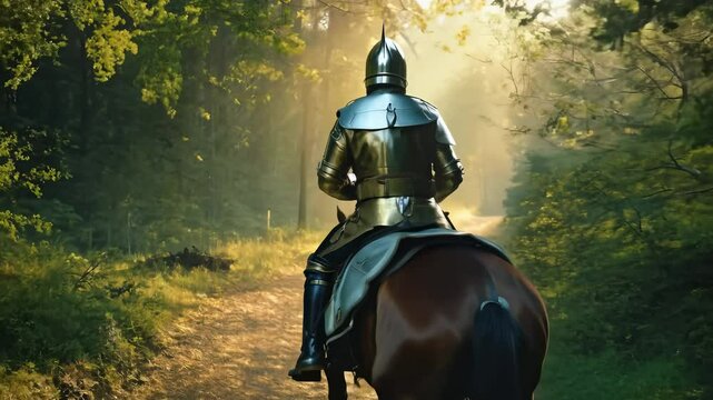 Knight in polished armor riding a horse along a forest path with sunlight breaking through the trees.