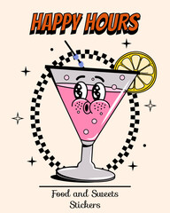 Posters in groovy. Food, drinks. Сocktail with umbrella. Alcohol. Y2k elements and shapes. Comic and character. Walking. Retro character. Face, hand, legs, arms. Psychedelic and hippie. 2000s. Sticker