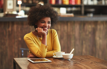 Thinking, relax and happy woman at cafe for planning future, inspiration and creative menu ideas....