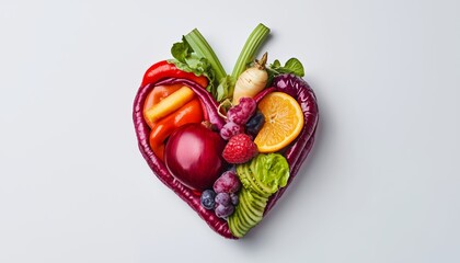 A creative fusion of vegetables and fruits forming a human heart, highlighting the role of natural foods in promoting good health.