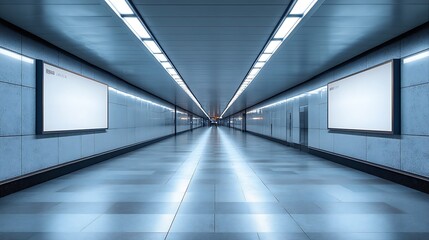 Naklejka premium Indoor outdoor city light mall shop template Blank billboard mock up in a subway station underground interior Urban light box inside advertisement metro airport vertical : Generative AI