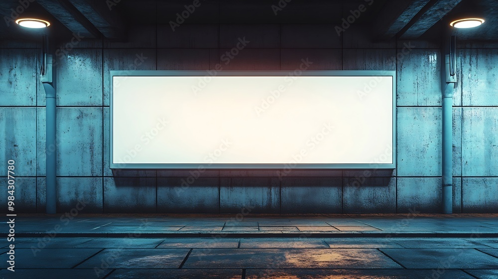 Poster horizontal white panel under bridge with two spotlights : generative ai