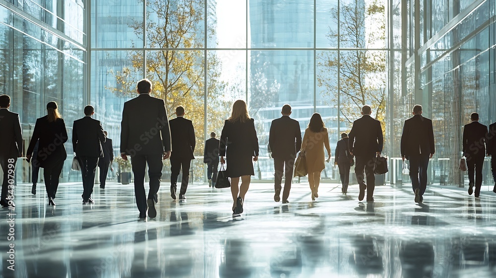 Poster full length of a group of business people walking in an office lobby : generative ai
