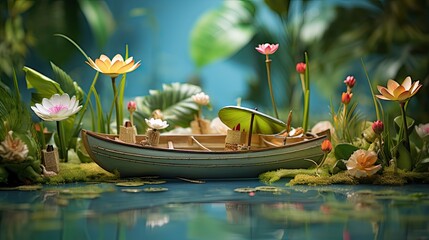 A whimsical scene with a coconut boat floating on a serene pond, surrounded by lily pads and small fish, with a playful touch of tropical elements like miniature palm trees and flowers. - Powered by Adobe