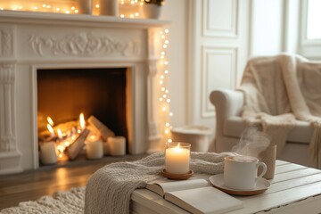 Hygge concept cozy living room near the fireplace and candles