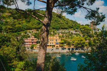 Villa on a cliff in Portofino, Genoa, Liguria. The Italian coast. The Riviera. Luxury vacations, yachts. Panoramic view, landscape.