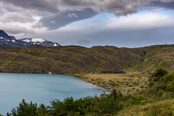 Camping Paine Grande b Lago Nordenskjold in Torres Del Paine National Park. Seen from the W-Trek