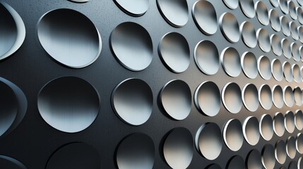 A futuristic metallic wall with a pattern of uniform circular indents, reflecting light softly.