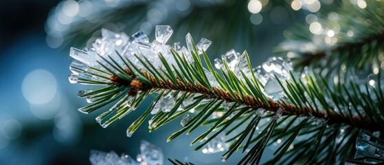 Frozen Pine Branch with Icy Crystals