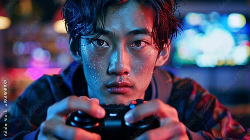 Poster a young individual sits in a darkened environment, gripping a game controller tightly. bright lights