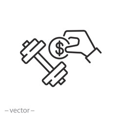 paid training icon, payment for physical education class, money and dumbbell, thin line symbol - editable stroke vector illustration