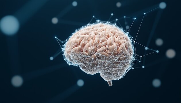 A glowing brain surrounded by a web of interconnected nodes, showcasing the complexity of human cognition and neuroscience.