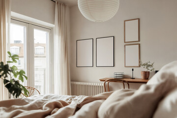 Empty template of four posters or wall arts mock up din A ratio, home interior in beige tones, white wall background. Blank wooden frame mockups in nordic contemporary scandinavian bedroom interior