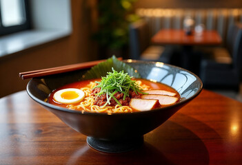 A refined bowl of ramen in an elegant restaurant, ideal for menu display.