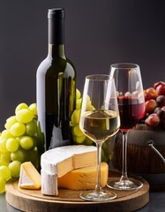 Vino rosso, vino bianco, formaggio e uva