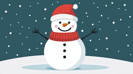 A cheerful snowman wearing a red scarf and hat stands against a snowy background, spreading festive joy, Christmas concept.