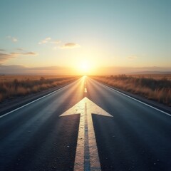 Straight Road with an Arrow Painted on It Leading to the Horizon,