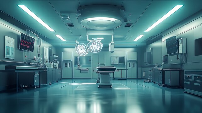 Wide view of an empty modern and state of the art operating room for cardiac and endovascular procedures : Generative AI