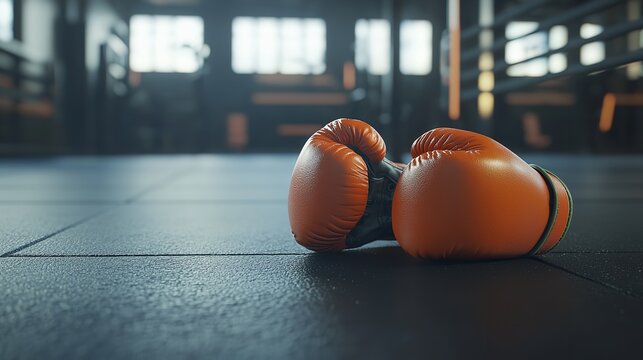 Boxing gloves in an empty gym