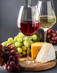 Aperitifs und Vorspeisen bestehend aus Wein, K&auml;se und Trauben
