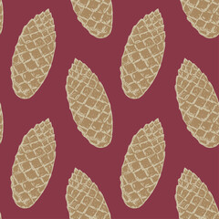 Vector seamless pattern with hand-drawn cones on a rich red background in sketch style. Wallpaper with subtle hand-drawn botanical elements in red, mustard and beige colors