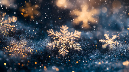 Fototapeta premium Elegant Snowflake Background with Silver and Gold on Blue Gradient