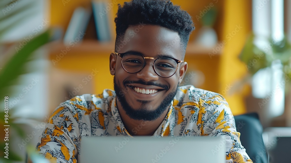 Poster black man smile and laptop in office with smartphone for web design online project and social media 