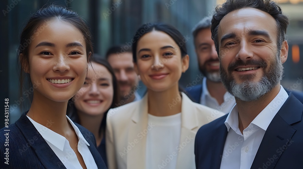 Poster cheerful smiling team of diverse business people in formal suit looking confident at camera with pos