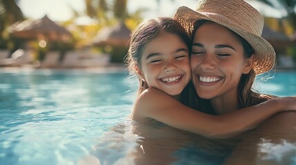 Mother and daughter laugh by luxury resort pool in tropics Family enjoy sunny vacation swimwear fashion quality time together Mom hugs girl tropical holiday relax leisure lifestyle hap : Generative AI