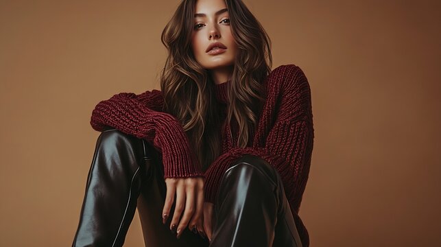 Fashionable confident woman wearing burgundy color knitted sweater faux leather pants pointed toe boots posing on brown background Fulllength studio fashion portrait : Generative AI