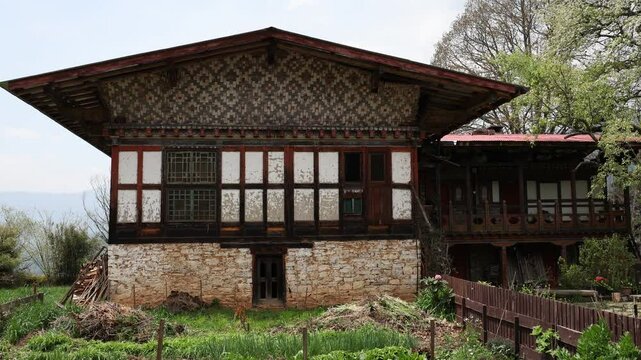 Bhutanese traditional house at rural area, Bumthang, Ogyen Choling, Bhutan