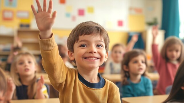 Cheerful diverse primary school children students in modern light classroom with one hand up to asnwer teacher's question