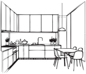 Line sketch drawing of the interior kitchen