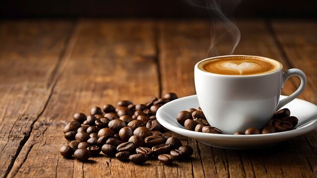 cup of coffee and coffee beans isolated on wooden background 
