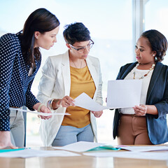 Group, paperwork and reading in office, explaining and analysis of report, meeting and review....
