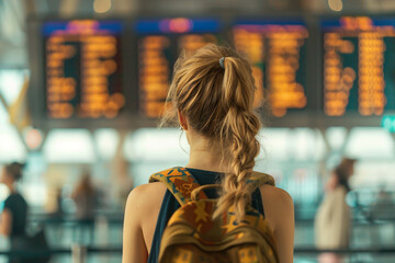 Fototapeta premium Planning traveling trip person with baggage at airport bus train station, Generative AI photo