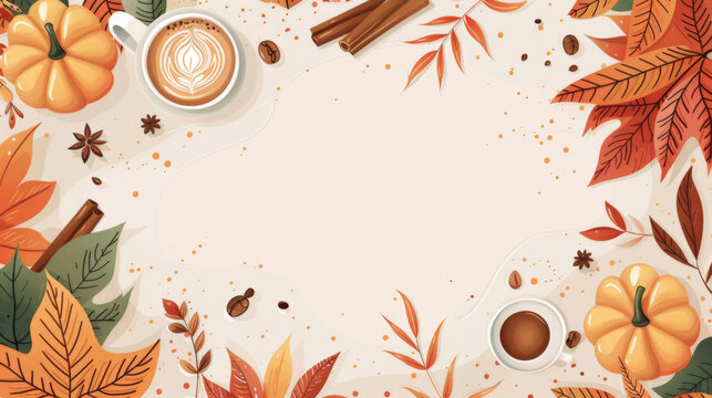 Autumn Coffee Frame with Leaves and Pumpkins
