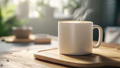 Fototapeta premium Homemade Latte Art in a Ceramic Mug with Steam Swirling, Minimalist Aesthetic, Warm Morning Light, Cozy Coffee Break, Simple Pleasures, Handmade Ceramic Mug, Perfect Coffee, Cozy Morning, Relaxing