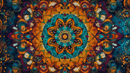 A visual of a bold and intricate mandala pattern with a vibrant color scheme.