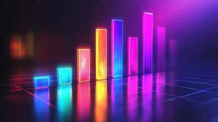 Abstract bar graph in neon colors, illustrating the upward trend in business growth, on a minimalist digital screen.