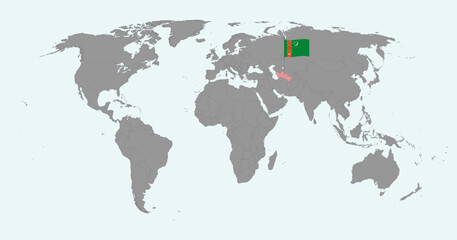 Pin map with Turkmenistan flag on world map. Vector illustration.