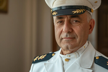 Captain of a large cruise ship stands on the bridge generative AI