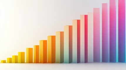 Fototapeta premium Abstract, colorful bar graph illustrating growth, each bar rising higher, on a white background with subtle gradients.