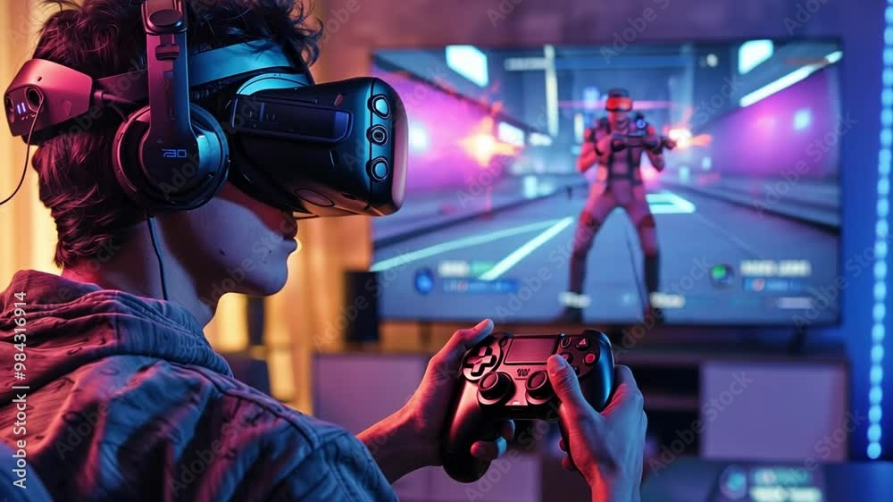 Aufkleber A young man is fully immersed in a virtual reality experience, wearing a headset and holding a game controller, with an action-packed display on the screen before him.