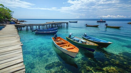 Obraz premium A scenic ocean view with boats moored around a pier, crystal-clear water reflecting the sky.